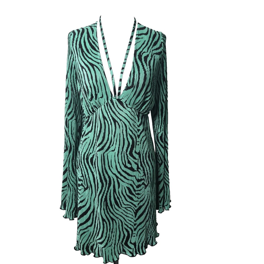 ASOS DESIGN Green Crinkle Plunge Stretch Mini Dress Size 14